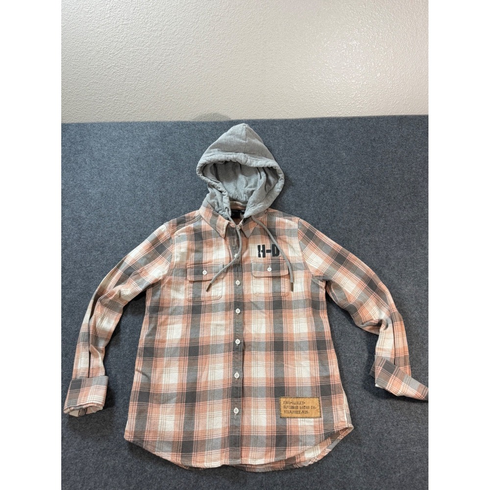 Harley-Davidson Plaid Heritage Classic Hooded Flannel Shirt Women S Pink Grey